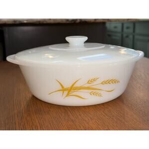 Vintage Sears Ovenware 2QT Golden Wheat Milk Glass Covered Casserole